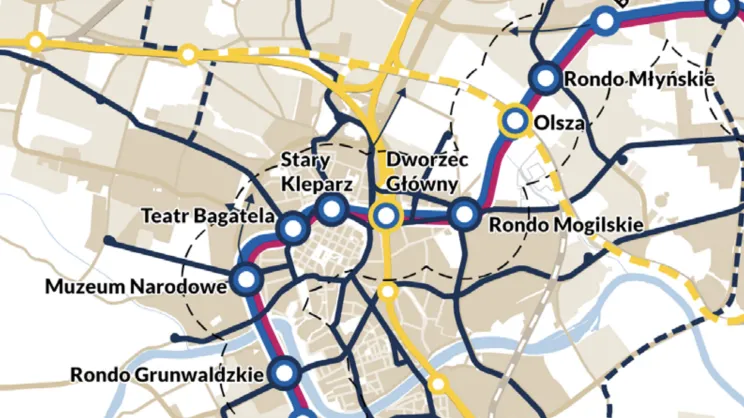 Mapa ze Studium kierunków rozwoju metra w Krakowie
