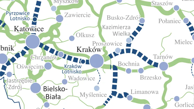 Fragment mapy przedstawiającej plan Zintegrowanej Sieci Kolejowej