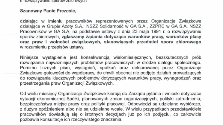 Pismo związkowców Grupy Azoty